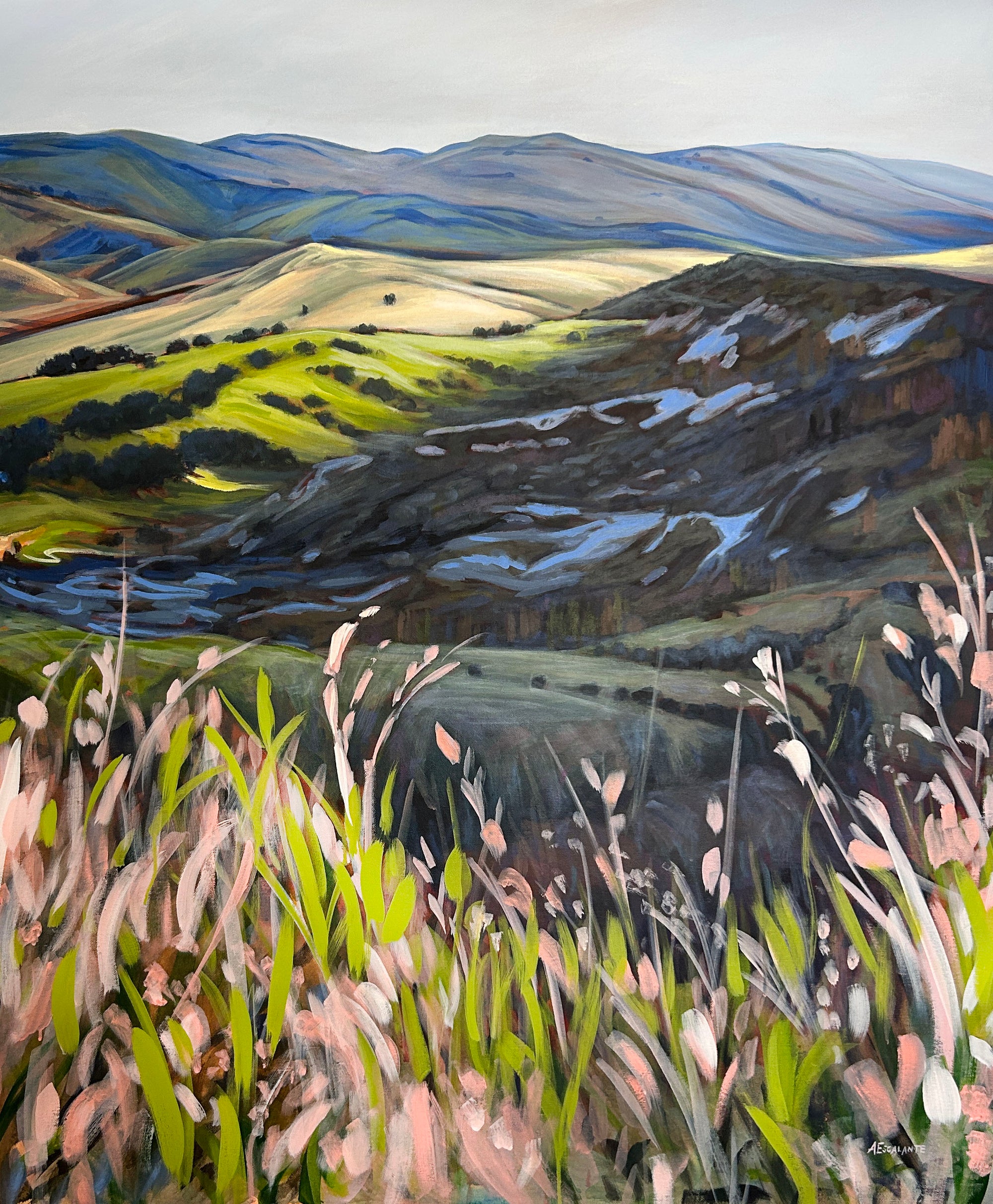 Painting of rolling hills and fields with a focus on natural landscape.